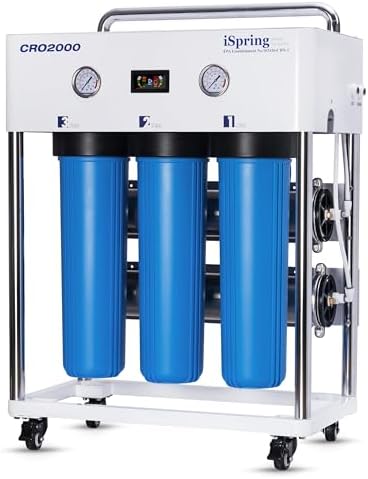 iSpring CRO2000 4-Stage Tankless Commercial Reverse Osmosis Drinking Water Filtration System w/Dual Pumps, Pressure Gauges, and Freestanding Stainless Steel Bracket, 2000 GPD by iSpring