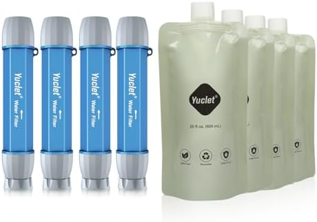 Yuclet Squeeze Water Filtration System for Hiking, Camping, Travel, and Emergency Preparedness (4 Water Filter Straw, 4 Squeezable 20-Oz Water Pouch) by YucletProducts