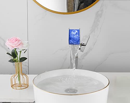 Chrome Bathroom Faucet LED 3 Color Changing Light Waterfall Vessel Sink Faucets Single Handle One Hole Bowl Sink Faucet Vanity Lavatory Deck Mount Bath Mixer Tap Tall Body Modern with Supply Lines - Image 3