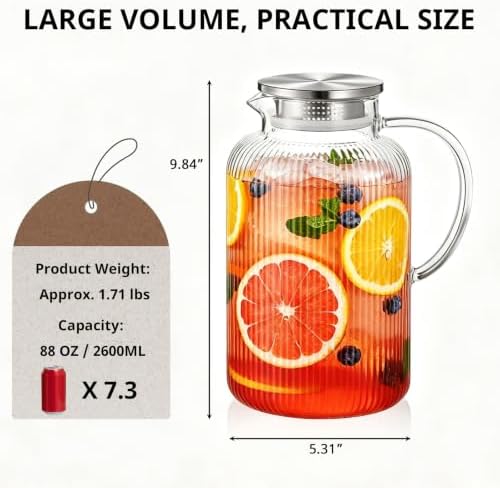 Bivvclaz 2.6 Liter 88 oz Stripes Glass Pitcher with Lid and Handle - Image 2