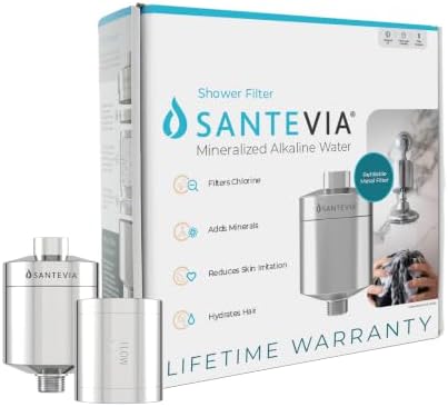 Santevia Refillable Showerhead Filter - Chrome Metal, Universal Fit Shower Head Filter Removes 99% Chlorine & Adds Magnesium for Softer Skin & Hair. Relieves Irritation & Eczema by Santevia