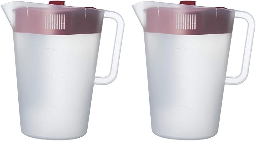 Goodcook 10658 1 gallon plastic straining pitcher square lid with 3 strainers and close no spill, Dishwasher Safe, Clear and Red (Pack of 2) by GoodCook