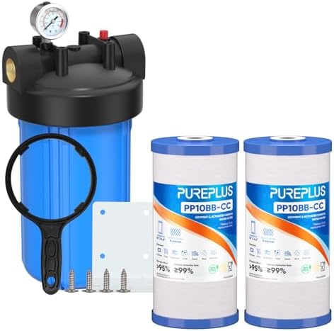 PUREPLUS Whole House Water Filter, 10"x4.5" Universal Housing, Blue, with 2 Compound Water Filters, Reduceing Chlorine, sand, rust, sediment, color, Replacement for FXHTC, GXWH40L, GXWH35F, GNWH38S by PUREPLUS