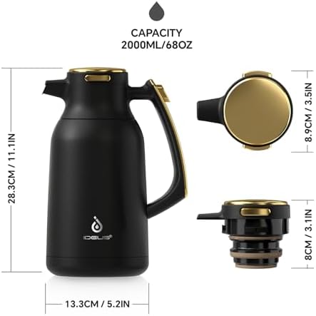 IDEUS Thermal Coffee Carafe 68oz, Beverage Dispenser Black-Gold - Image 5
