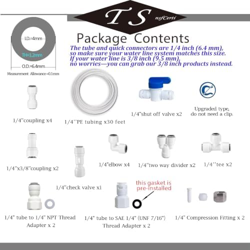 NSF 1/4" inch Water Line Tubing and Push to Connect Fittings for Reverse Osmosis Water Filter RO fittings (Feed water adapter Kits), 11 pcs connetors+30 feet 1/4" O.D. (6.4mm) water tubing. - Image 2