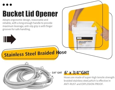 Tankless Water Heater Flushing Kit Includes 1/3HP Stainless Steel Sump Pump with Two Adapters & 3 Gallons Pail with Bucket Lid Opener & Two 1/2” Dia X 6’ Hoses with Washers - Image 5