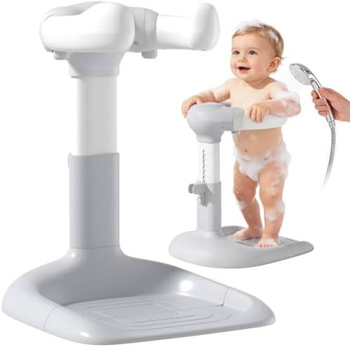 Upgraded Baby Shower Stand with Anti-Pinch Silicone & Anti-Slip Base, Adjustable Height Baby Bath Standing Support, Soporte para Bañera de Bebé Assist Holder for 6-36 Months Toddler, Ideal Gift, Gray by Unknown
