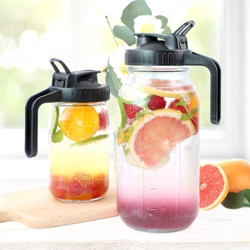 Mason Jar Pitcher With Pour Spout Lid (2 Pack) 32 Oz Wide Mouth Glass Pitcher With Handle And Flip Cap Lid 1 Quart Airtight Leak Proof Water Jugs For Iced Drinks, Iced Coffee, Milk, Lemonade - Image 2