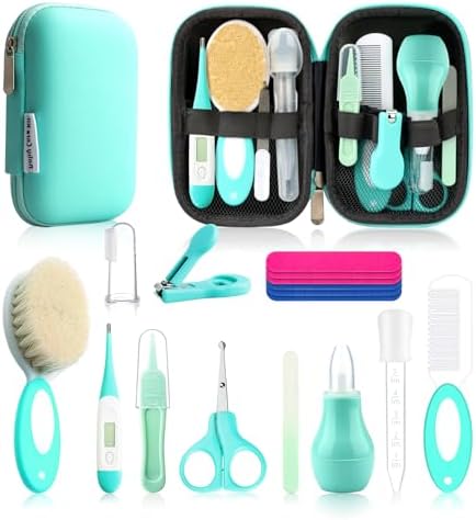 Baby Healthcare and Grooming Kit, Baby Safety Set Newborn Nursery Health Care Set with Hair Brush Scale Measuring Spoon Nail Clippers (12pcs, Green) (Green) by Esonto