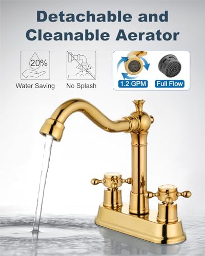 Aolemi 4 Inch Centerset Bathroom Sink Faucet 2 H&C Handle Polish Gold - Image 3