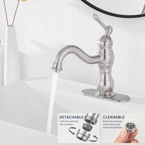 Bathroom Faucet Brushed Nickel GGStudy 360° Swivel Bathroom Vanity Faucet Single Handle One Hole Bathroom Sink Faucet Basin Matching Pop Up Drain with Overflow - Image 6