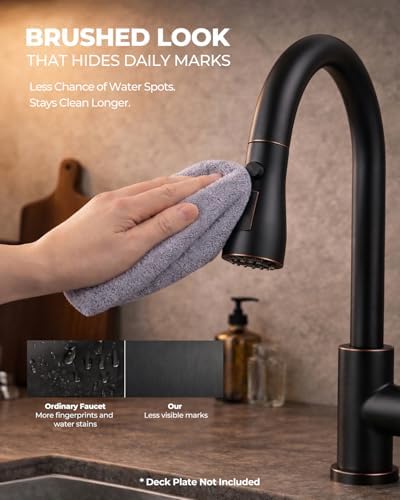 WEWE Pull-Down Kitchen Faucet, 3-Mode Sprayer, Oil Rubbed Bronze, High Arc - Image 2