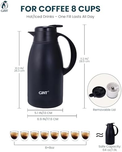 GiNT Stainless Steel Thermal Coffee Carafe, Double Walled Vacuum Water and Beverage Dispenser, 12 Hour Heat Retention, 65 OZ /1.9 Liter Black - Image 3