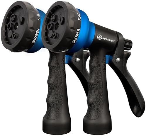 AUTOMAN-Garden-Hose-Nozzle, 2 Pack ABS Water Spray Nozzle with Heavy Duty 7 Adjustable Watering Patterns,Slip Resistant for Watering Plants,Lawn& Garden,Washing Cars,Cleaning,Showering Pets - Blue by AUTOMAN