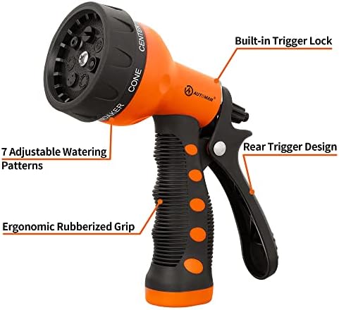 AUTOMAN-Garden-Hose-Nozzle,ABS Water Spray Nozzle with Heavy Duty 7 Adjustable Watering Patterns,Slip Resistant for Watering Plants,Lawn& Garden,Washing Cars,Cleaning,Showering Pets - Orange - Image 2