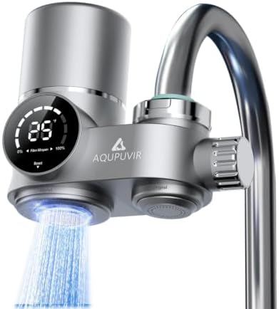 Faucet Water Filter for Kitchen Sink, NSF Certified, High Flow Faucet Water Filter No Wait, Faucet Mount Water Filtration System with Real-Time Filter Life Indicator, Silver by AQUPUVIR