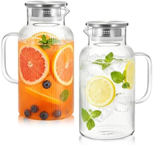 Bivvclaz 2 Pack 2 Liter 68 oz Stripes Glass Pitcher with Lid and Handle by Bivvclaz