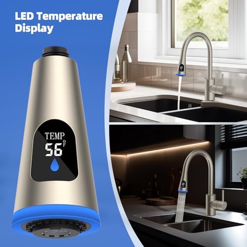 LED Kitchen Faucet Head, Temperature Display, 4-Mode Spray, Brushed Nickel - Image 5