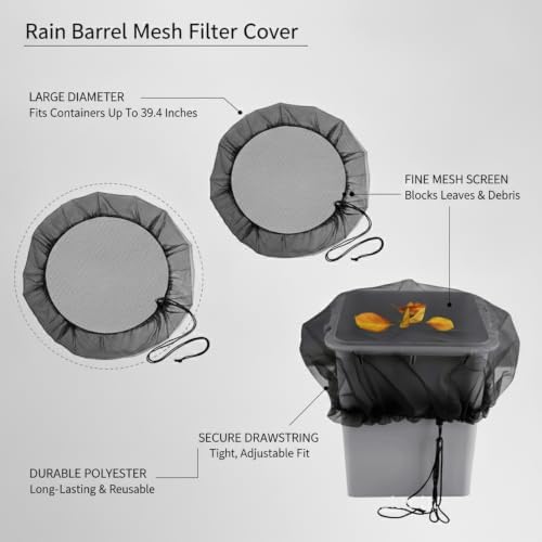 Black Polyester Mesh Rain Barrel Cover, Debris Filter Screen for Open-Top Water Containers up to 39.4 Inches, 1 Pack - Image 5