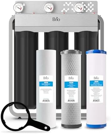 Brio 3-Stage Whole House Filtration System for Iron & Manganese Reduction, 900 GPH, 4.5" x 20" Sediment, Carbon Block, Iron & Manganese Filters Included w/Lifespan of 100,000 Gallons or 12 Months by Brio