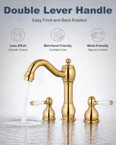 Aolemi Widespread Bathroom Sink Faucet 3 Hole White Lever Polish Gold - Image 7