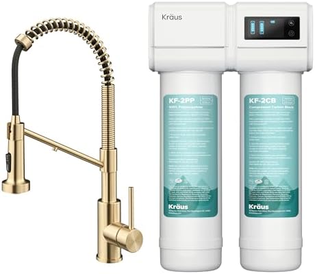 KRAUS Bolden 2-in-1 Commercial Style Pull-Down Single Handle Water Filter Kitchen Faucet in Spot-Free Antique Champagne Bronze with Purita 2-Stage Under-Sink Filtration System by Unknown