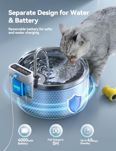 Wireless Cat Water Fountain [Water & Battery Separation] FEELNEEDY Stainless Steel Automatic Pet Water Dispenser, 4000mAh Battery Operated Water Fountains for Cats Dogs - 3.5L/118oz - Image 2