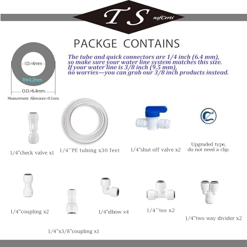 NSF 1/4" inch Water Line Tubing and Push to Connect Fittings for Reverse Osmosis Water Filter RO fittings,14 pcs connetors+30 feet 1/4" O.D. (6.4mm) water tubing. - Image 2