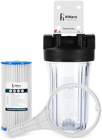 Well Water Whole House Sediment & Rust Complete Filtration System with Pleated Washable filter, Clear Housing 1" Ports by iFilters