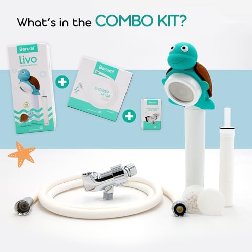 Barumi Livo Filtered Showerhead for Kids Combo Kit | Turtle-Turquoise | Children's Handheld Shower Heads with PVC Hose & Shower Holder - Image 3