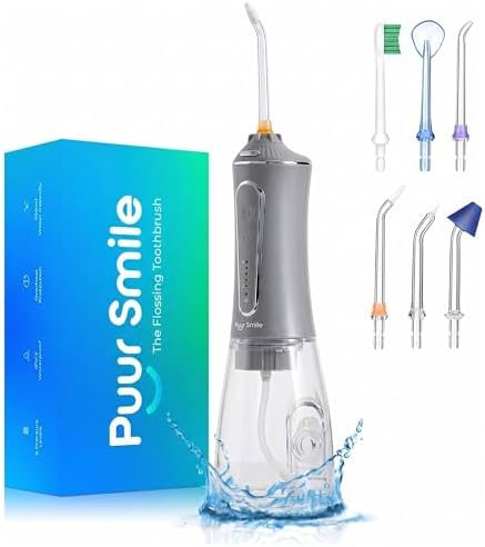 Professional Water Flosser - Advanced Dental Care for a Healthier Mouth, Gum, and Teeth - IPX7 Waterproof Oral Irrigator | 6 Replacement Tips, Travel-Friendly, Rechargeable - Oral Hygiene (Grey) by PuurSmile