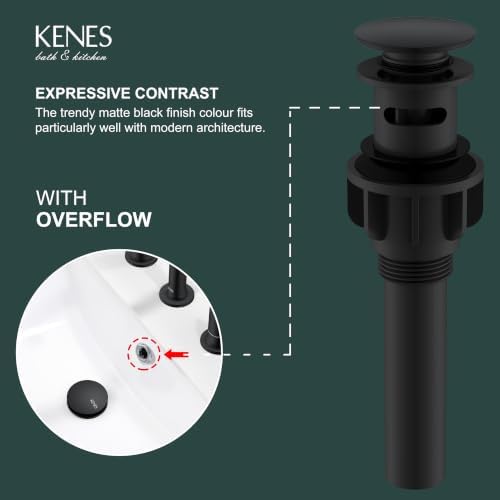 KENES Pop Up Bathroom Sink Drain with Overflow, Matte Black Pop Up Drain - Image 3