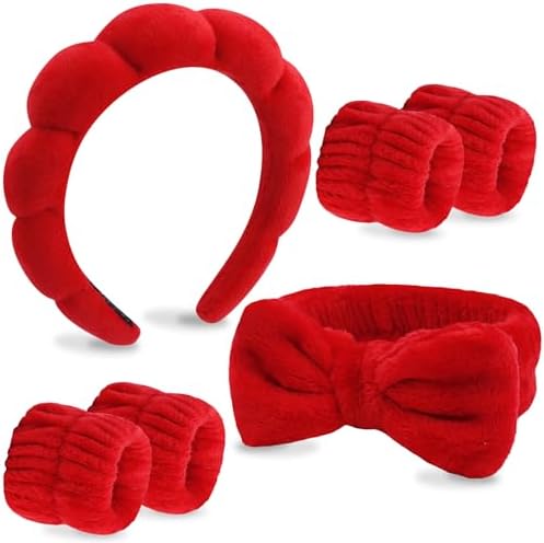Velscrun 6 Pack Spa Headband, Makeup Headband, Face Wash Headbands, Skincare Headbands, Red Sponge Hair Band Bow Tie Spa Head Band for Washing Face Wristband Set Hair Accessories for Women Girls Gifts by VELSCRUN