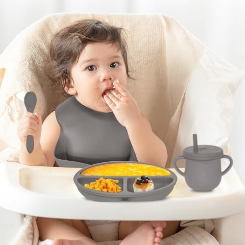 100% Silicone baby feeding set,BPA free Baby dishes set with Suction Bowl Divided Plate,Toddler Self Feeding Dish Set with Spoons Forks Sippy Cup And Bib, Baby Eating Utensils (Light Brown) - Image 6