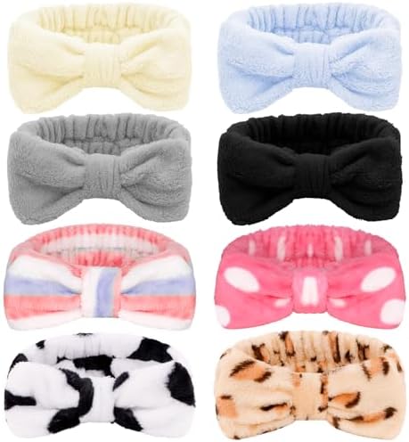 Ondder 8 Pack Spa Headbands for Face Washing - Fluffy Shower Cosmetic Face Wash Head Bands for Women & Girls - Leopard & Polka Dot Solid Color by Ondder