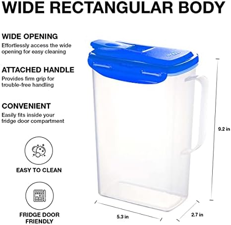 LocknLock Aqua Fridge Door Water Jug with Handle BPA Free Plastic Pitcher with Flip Top Lid Perfect for Making Teas and Juices, 2 QT, Blue (Pack of 5) - Image 3