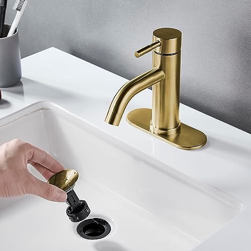 Single Hole Bathroom Sink Faucet Brushed Gold, Modern Single Handle Bathroom Faucet Commercial Stainless Steel Basin Faucet with Drain - Image 4