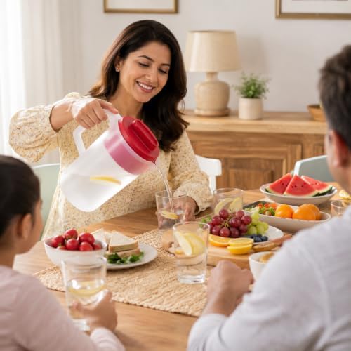 FALAH 2Quart Plastic Pitcher with Lid, Clear Body with Red Lid, Large Water & Juice Pitcher for Refrigerator, Cold Drink Mixing, Kitchen Beverage Storage - Image 6