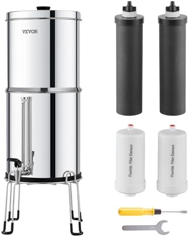 VEVOR Gravity-fed Water Filter System, 2.25G 304 Stainless-Steel Countertop Filtration System, Reduces Lead and up to 99% of Chlorine, with 2 Activated Carbon Filter, 2 Defluorination Filter, Spigot by VEVOR