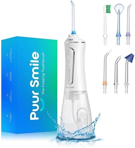 Professional Water Flosser - Advanced Dental Care for a Healthier Mouth, Gum, and Teeth - IPX7 Waterproof Oral Irrigator | 7 Replacement Tips, Travel-Friendly, Rechargeable - Oral Hygiene (White) by PuurSmile