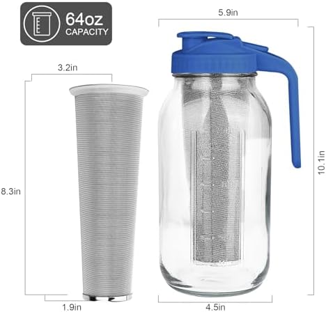 Cold Brew Coffee Maker, 64 oz Mason Jar Pitcher with Stainless Steel Filter, Pour Spout Handle Lid, Heavy Duty Glass Airtight & Leak-Proof for Iced Coffee,Tea & Lemonade - Image 2