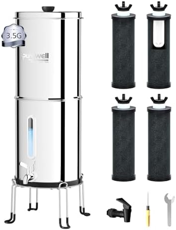 Purewell 3.5G Family-Sized Gravity Water Filter System, 3-Stage 0.01μm Ultra-Filtration Stainless Steel Countertop System with 4 Filters and Stand, Reduce 99% Chlorine, PW-3.5G by Purewell
