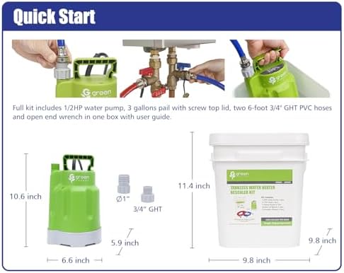 Green Expert Tankless Water Heater Flushing Kit, 1/2HP High-Flow Pump (2500 GPH), 3 Gallon Locking-Lid Bucket, 2×6ft 3/4" GHT PVC Hoses & Wrench, Descaling Maintenance Kit (Descaler Not Included) - Image 6