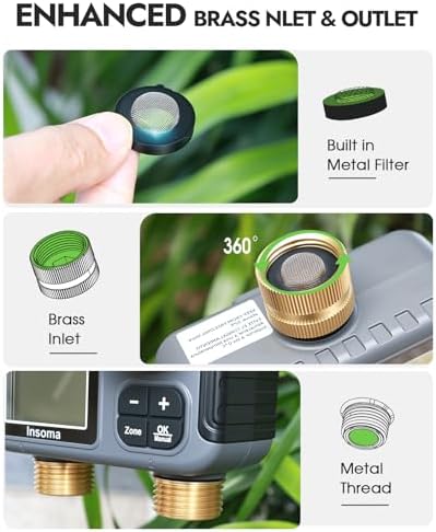 Insoma 2-Zone Sprinkler Timer with Brass Inlet & Outlet, Water Timer for Garden Hose with Auto/Manual/Rain Delay Mode, Big LCD Display, Easy Setup Hose Timers for Lawn, Garden, Vacation Watering - Image 2