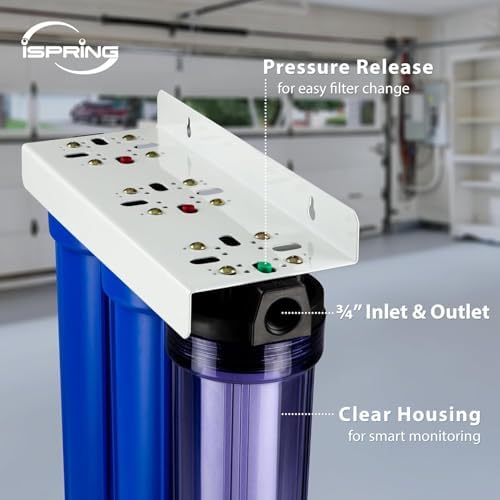 iSpring WCB32C-GAC+AHPF12MNPT12X2 3-Stage Whole House Water Filter System w/ 3/4'' Push-Fit Braided Stainless Steel Hose Connectors, Reduces Chloramine, PFAS, Chlorine, Sediments, 3/4" Inlet/Outlet - Image 3