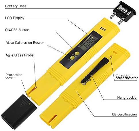 PH Meter for Water Hydroponics Digital PH Tester Pen 0.01 High Accuracy Pocket Size with 0-14 PH Measurement Range for Household Drinking, Pool and Aquarium (2, Yellow, Normal) - Image 2