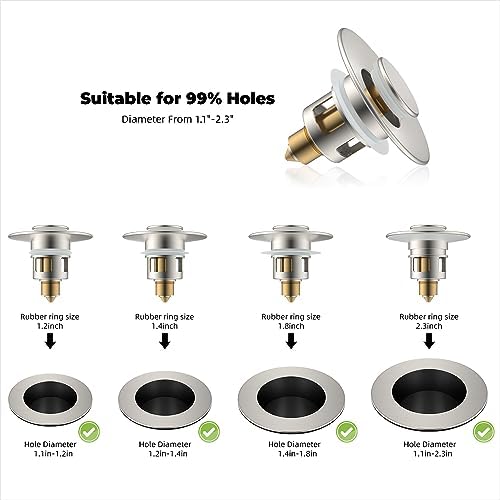 Hibbent All Metal Universal Bathroom Sink Stopper for 1.1''~2.3'' Basin, Pop Up Sink Drain Strainer, Brass Bullet Core Push Type Stopper, Stainless Steel Anti Clogging Drain Filter, Brushed Nickel - Image 2
