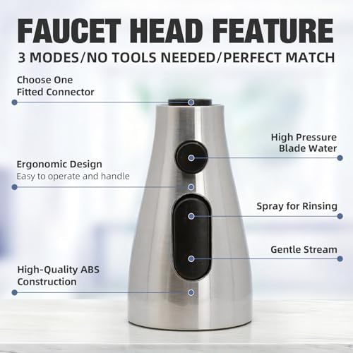 Kitchen Faucet Head Replacement, 3-Function Pull Down Spray Head with 9 Adapters, Sink Faucet Spray Head Compatible with Moen, Delta, American Standard Faucet, etc, Brushed Nickel - Image 5