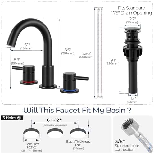 Matte Black Bathroom Faucet 3 Hole, 2-Handle Widespread Faucet - Image 6