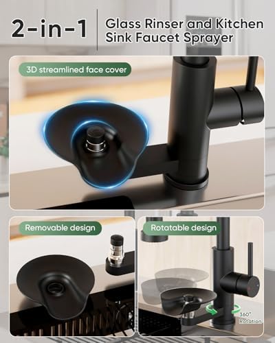 Kitchen Faucet with Cup Washer Pull Down Sprayer Stainless Steel Kitchen Sink Faucet with Deck Plate Glass Rinser Single Hole Black - Image 6